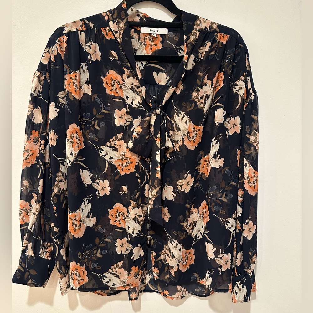 Ro & De Navy and Orange Floral Sheer Blouse